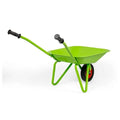 Bright lime green toy wheelbarrow with black handle grips and a single black wheel with a red rim.