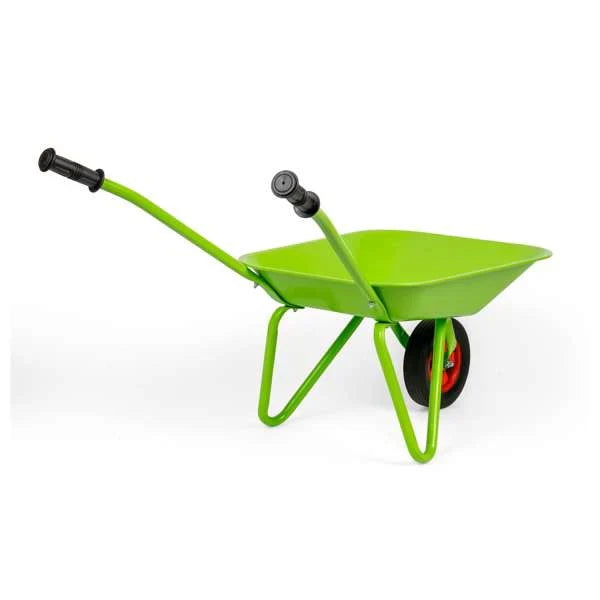 Bright lime green toy wheelbarrow with black handle grips and a single black wheel with a red rim.
