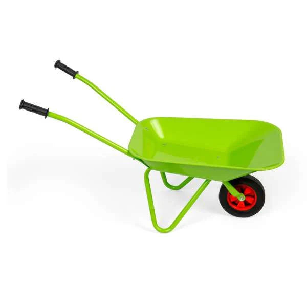 Bright lime green toy wheelbarrow with black handles and a single black wheel with a red rim.