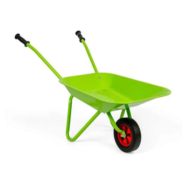 Lime green toy wheelbarrow with black handle grips and a black tire with a red hub.