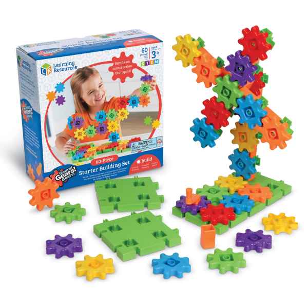 A 60-piece set featuring vibrant gears, green base plates, and a tall assembled gear tower next to the product box.