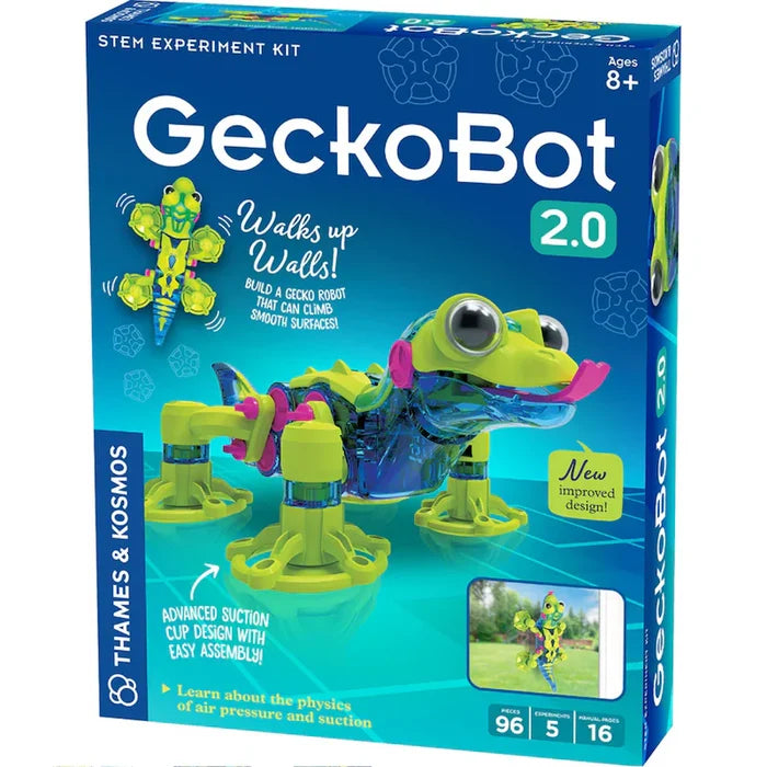 STEM kit box for GeckoBot 2.0, showing a bright green and translucent blue robotic lizard with suction cup feet.