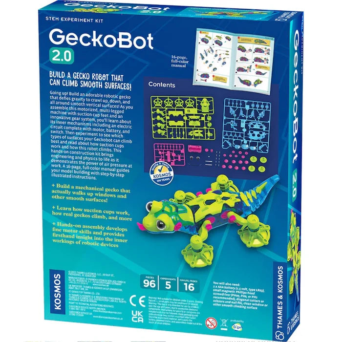 Blue GeckoBot 2.0 box showing a bright green robotic gecko with suction cup feet, plastic parts, and instruction manual.
