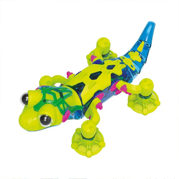 Neon green and translucent blue robotic gecko with pink accents and large suction cup feet.