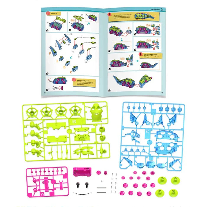 Instruction manual above green, blue, and pink plastic part frames and components for a DIY robot kit.