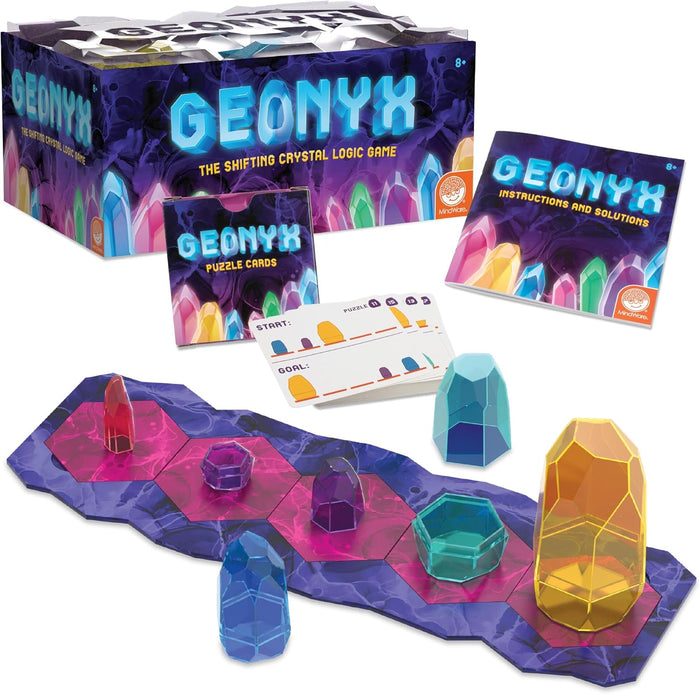 Geonyx logic game featuring colorful faceted crystals, a purple hexagonal game board, puzzle cards, and instructions.
