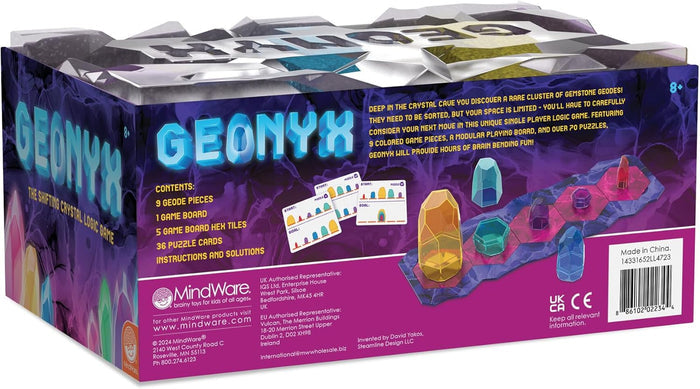 Purple Geonyx box showing vibrant crystal pieces, hexagonal tiles, and puzzle cards for a single-player logic game.
