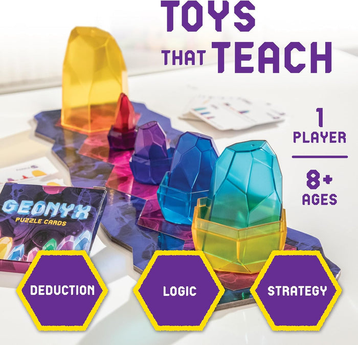 Geonyx logic game with faceted colorful crystals on a game board with puzzle cards and educational text.