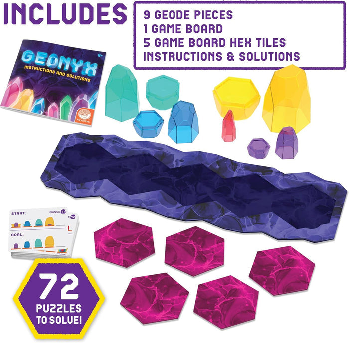 Colorful translucent geode pieces, purple game board, pink hex tiles, and puzzle cards for a crystal logic game.