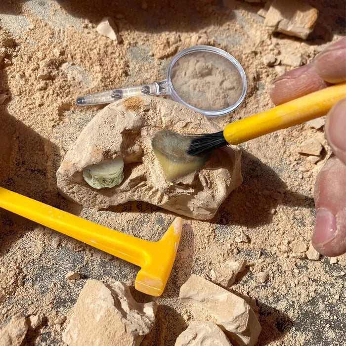 Hand using a yellow brush to reveal a shark tooth and green gem in a sandy block with a toy hammer and magnifier.