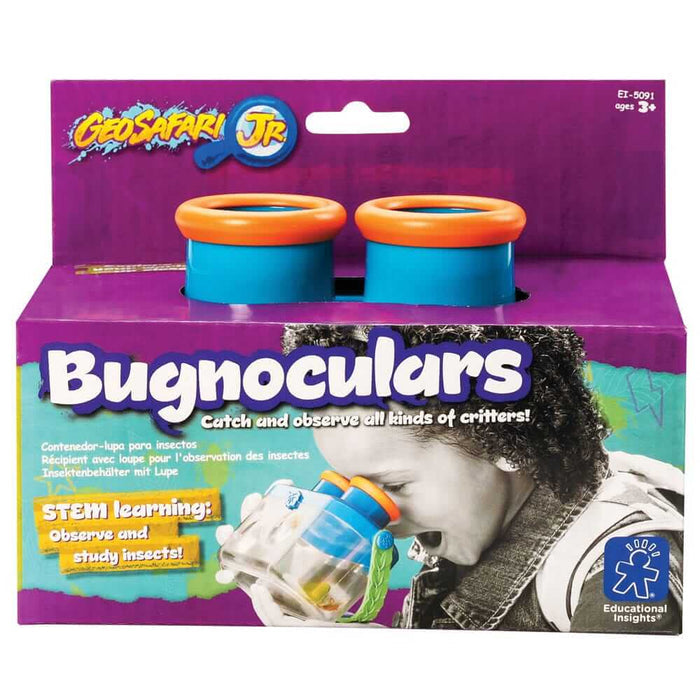 Purple packaging for Bugnoculars with blue jars, orange lids, and a child using the viewer to look at insects.