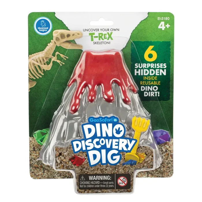 Volcano-shaped dig kit with red lava, sand, and gems, yellow tool, and a T-Rex skeleton graphic on green packaging.