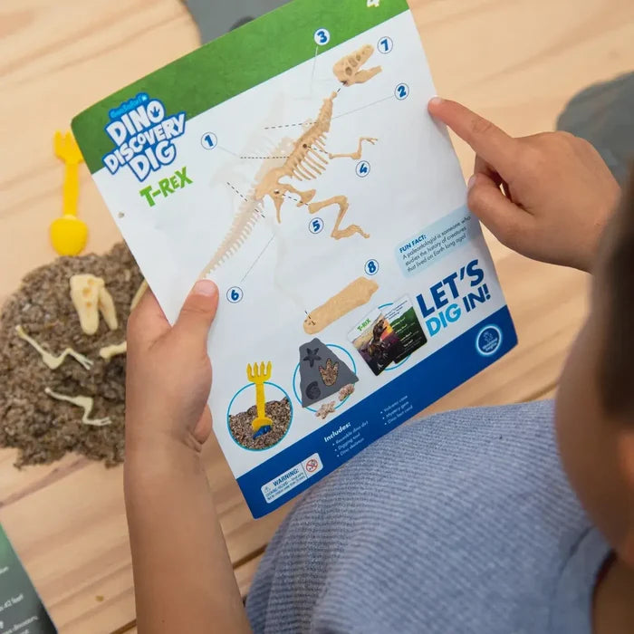 Child holding a T-Rex skeleton guide over brown play dirt with off-white bones and a yellow digging rake.