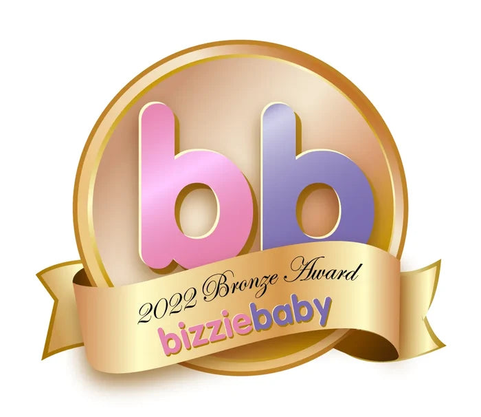 Gold circular seal with pink and purple bb letters and a gold banner reading 2022 Bronze Award bizziebaby.