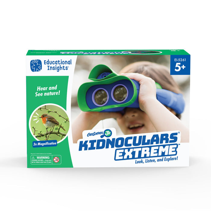 Product box for blue and green binoculars featuring a child user, a robin bird image, and "Hear and See nature!" text.