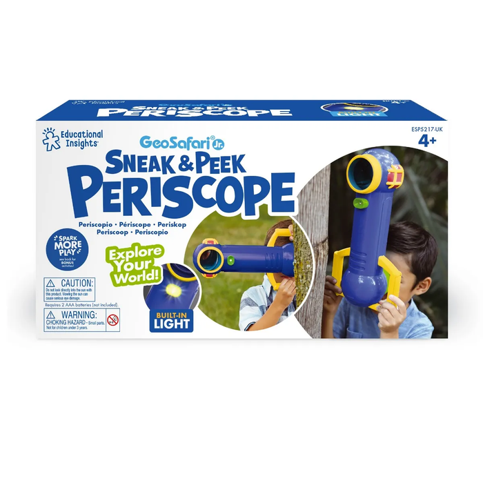 White box for a blue and yellow toy periscope showing a child using the built-in light to peek around a tree.