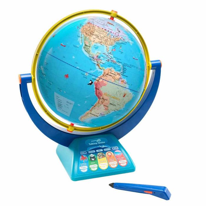 Interactive toy globe with light blue oceans, teal interactive base, yellow arc, blue stand, and a stylus pen.