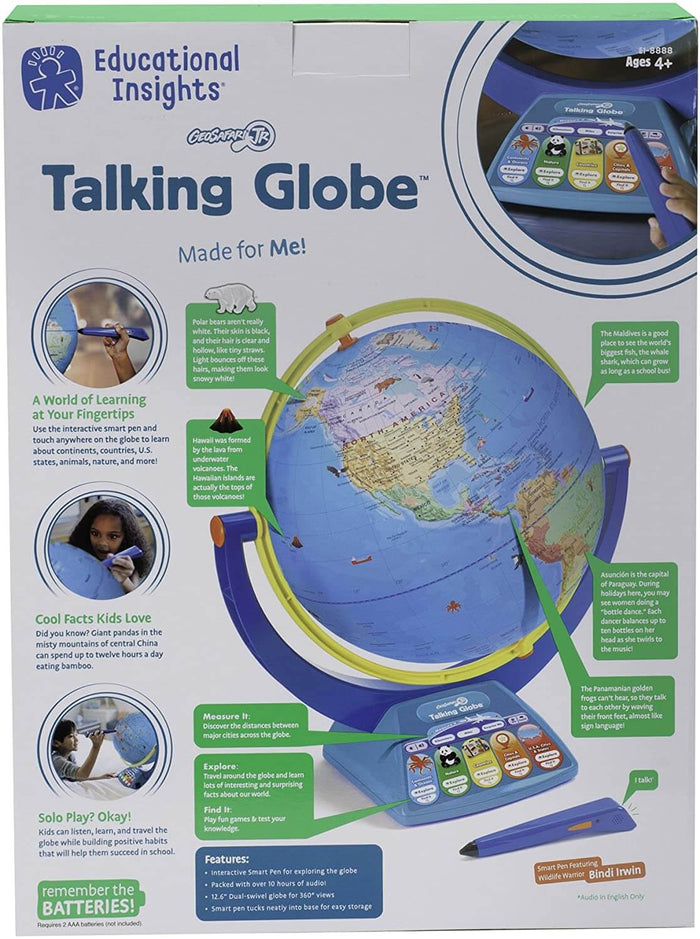 Retail box for a blue world globe with a yellow stand, interactive smart pen, and colorful educational fact bubbles.