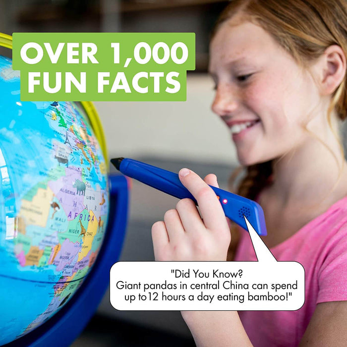 A girl uses a blue interactive pen on a colorful world globe featuring over 1,000 educational fun facts.