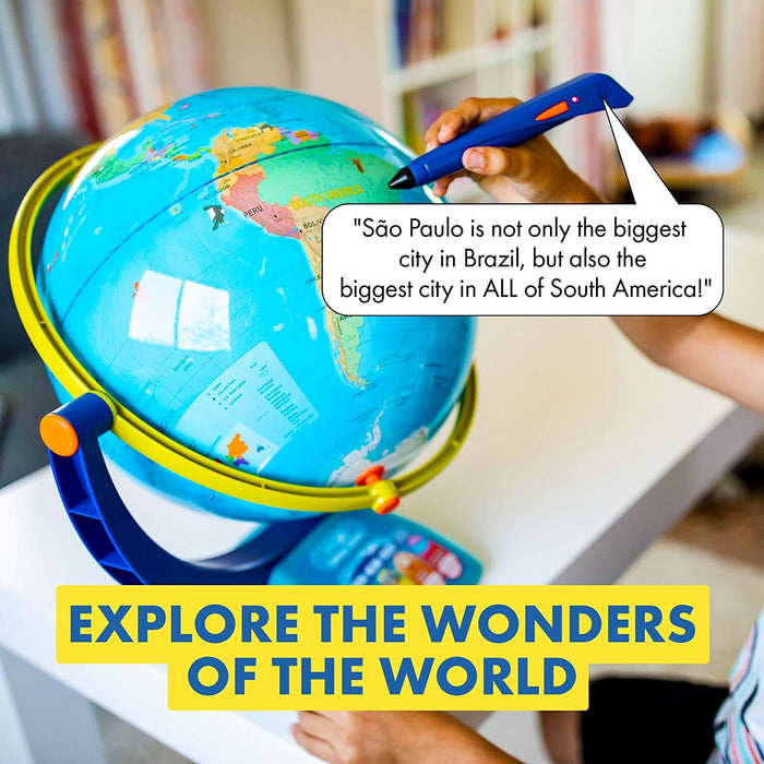 Child uses a blue stylus pen on a world globe. A speech bubble shares a fact about Brazil. Yellow banner text at bottom.