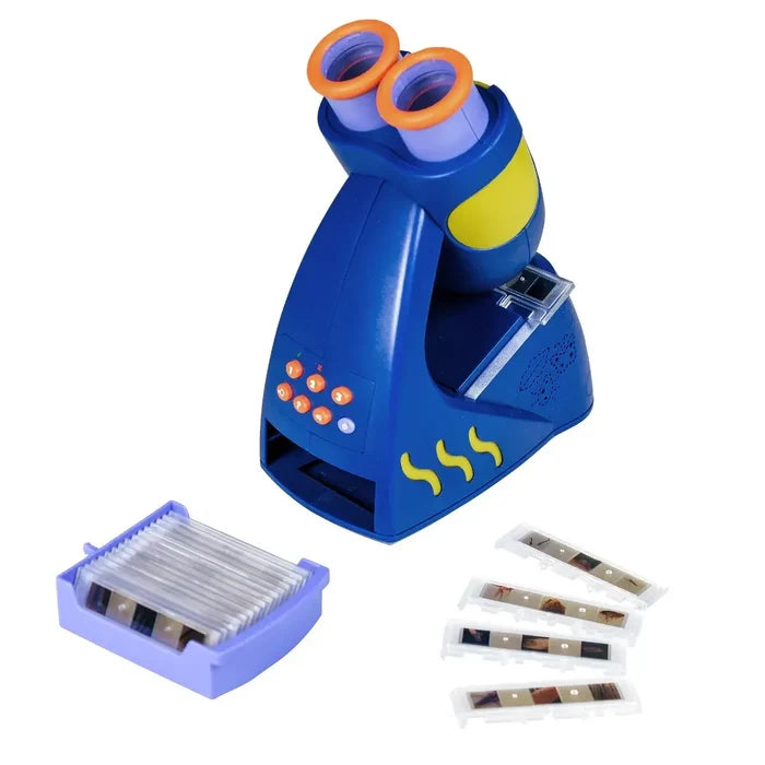 Blue and orange toy microscope with a yellow focus dial, numbered buttons, and a tray of slides showing insects.