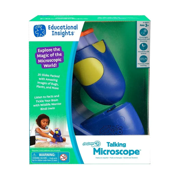 Packaging for a blue and yellow talking toy microscope with dual eyepieces and a photo of a child playing.