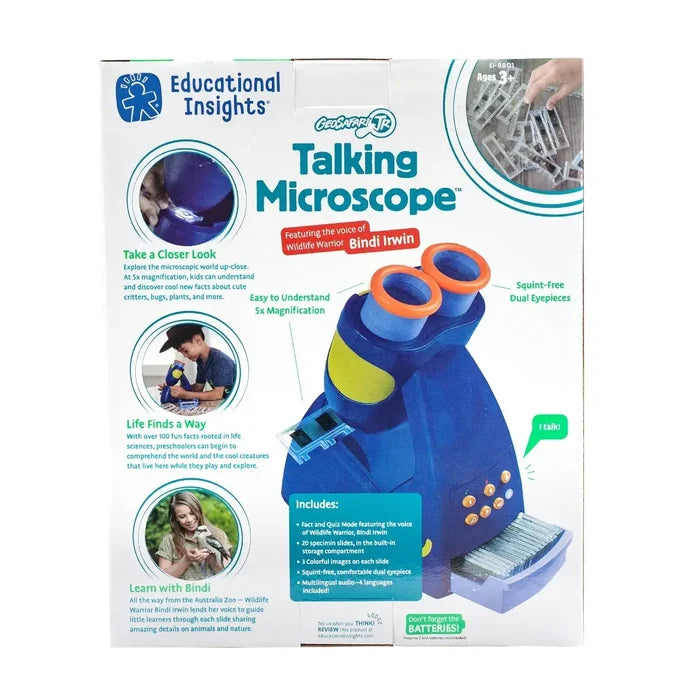White box for a blue and green toy microscope with orange eyepieces, specimen slides, and photos of Bindi Irwin.