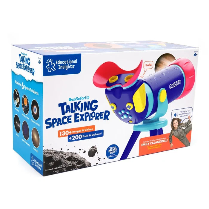 Blue, red, and yellow toy telescope on a tripod in retail packaging with space graphics and educational facts.