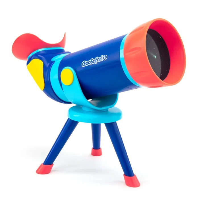 Blue toy telescope with orange accents and red eyepiece on a tripod, showing space imagery in the lens.