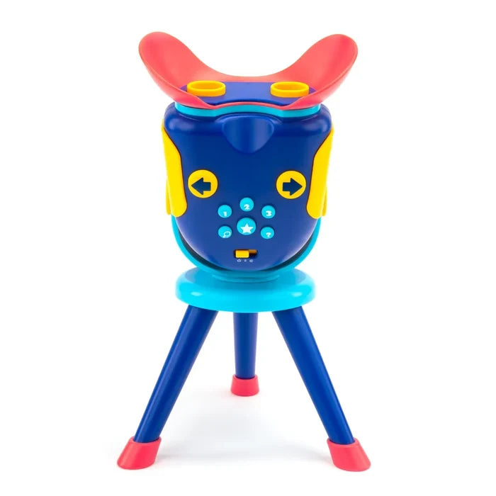 Blue and yellow toy space viewer on a tripod with red eye shields, yellow dials, and numbered control buttons.