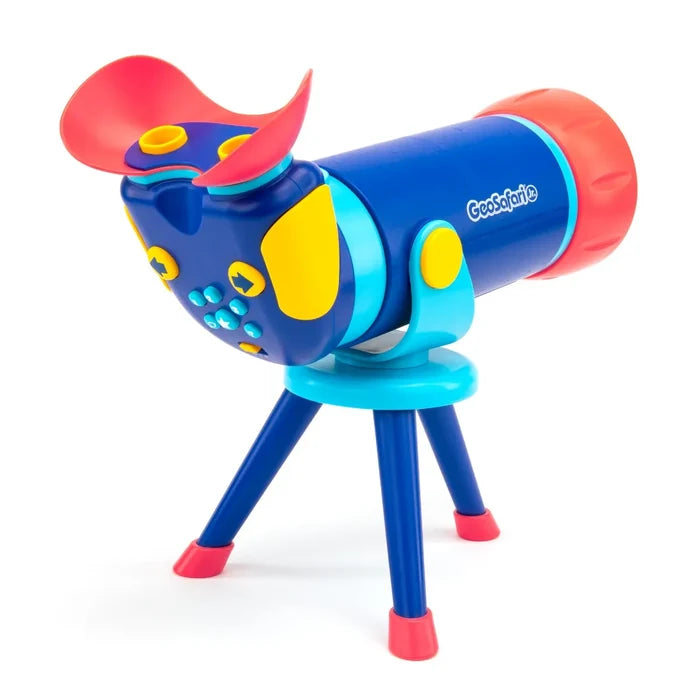 Blue and yellow toy telescope on a tripod with dual eyepieces, a red light shield, and colorful control buttons.