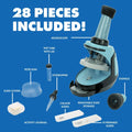 Light blue toy microscope surrounded by labeled accessories like slides and a test tube. 28 pieces included.