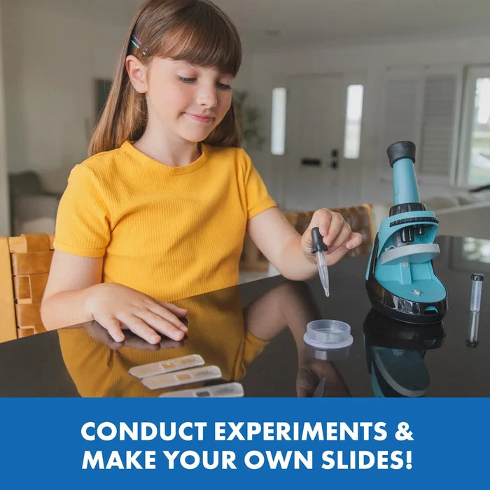 Girl in yellow uses a dropper and teal toy microscope. Text: Conduct experiments & make your own slides!