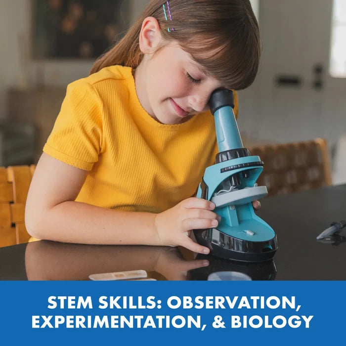 A girl in a yellow shirt looks through a blue toy microscope. Text: STEM SKILLS: OBSERVATION, EXPERIMENTATION, & BIOLOGY.