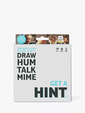 White box with bold black text reading Draw, Hum, Talk, Mime and Get a Hint in teal, plus photos of people playing.