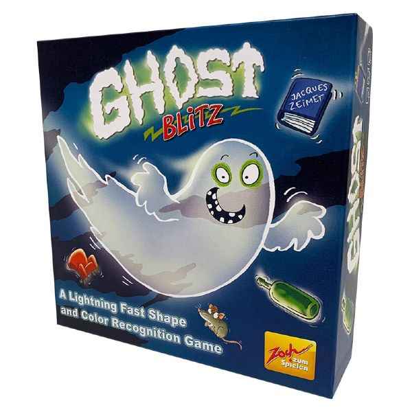 Dark blue board game box featuring a friendly white cartoon ghost, red sofa, green bottle, and blue book.