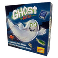 Dark blue board game box featuring a friendly white cartoon ghost, red sofa, green bottle, and blue book.