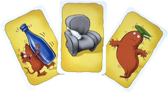 Three illustrated cards: a mouse with a blue bottle, a grey chair with a white bottle, and a ghost with a green book.