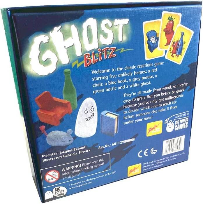Back of Ghost Blitz box featuring a white ghost, green bottle, red chair, blue book, and grey mouse on blue background.
