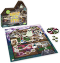 Haunted house board game with house-shaped box, large ghost figure, character standees, illustrated board, and spinner.