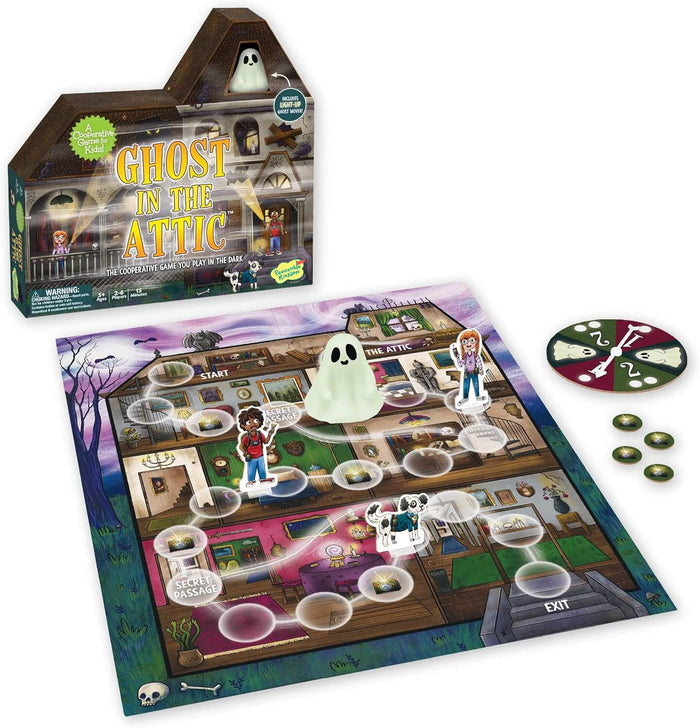 Haunted house board game with house-shaped box, large ghost figure, character standees, illustrated board, and spinner.