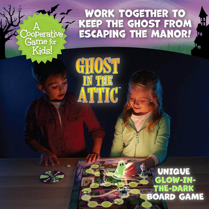 Two children play a board game in the dark featuring a glowing green ghost figurine and an illuminated game path.