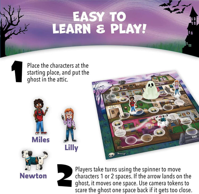 Spooky purple graphic with characters, a white ghost, and a haunted house board with path spaces and instructions.