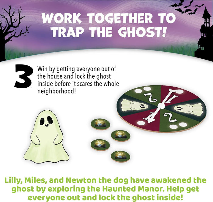A cute white ghost character, a numbered game spinner, and flashlight tokens set against a spooky purple background.