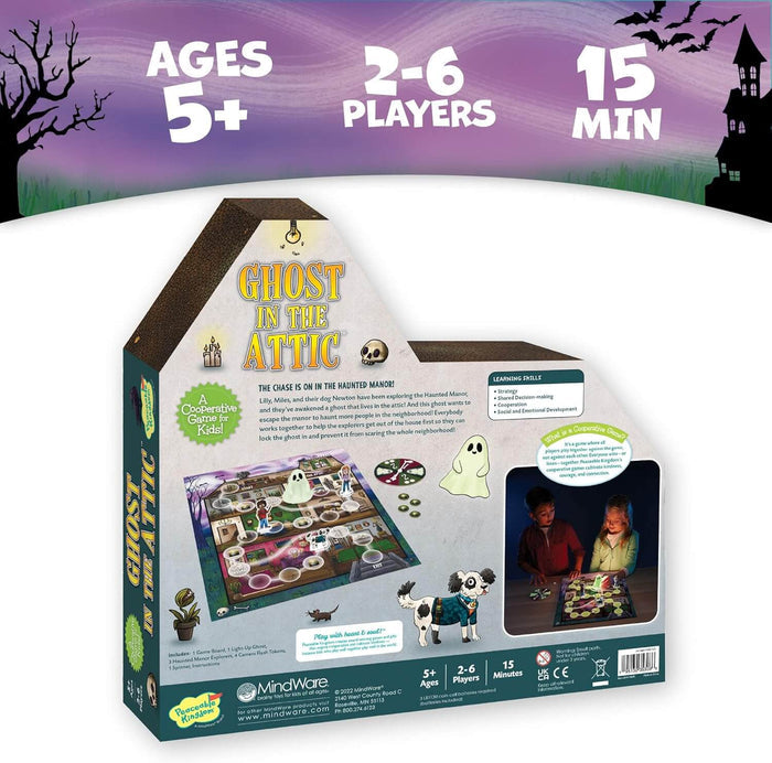 Back of house-shaped game box with ghost art, game board, and kids playing against a purple haunted mansion background.
