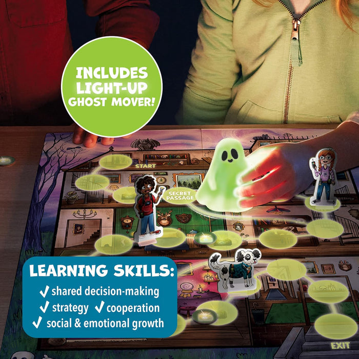 Children play a haunted house board game with a glowing green ghost figure and character pieces on a winding path.