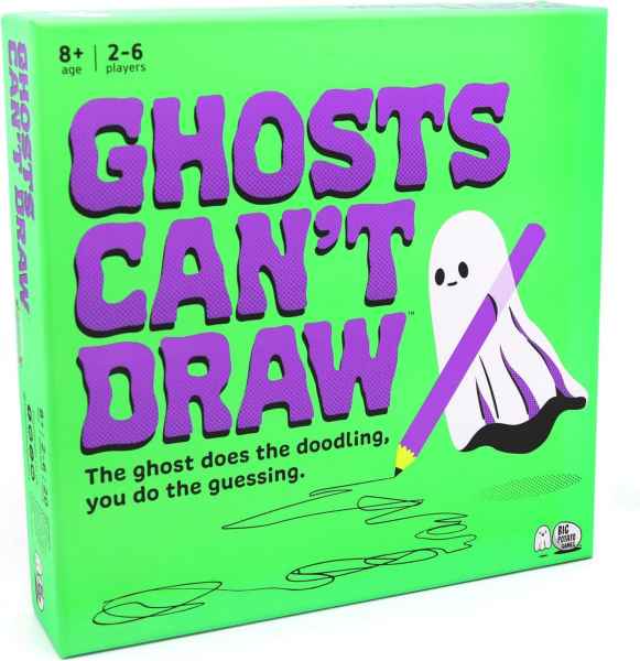 Neon green game box with purple text and a white cartoon ghost drawing squiggles with a large purple pencil.