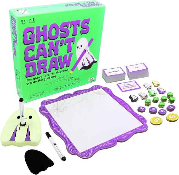 Green game box, white drawing board with purple frame, ghost-shaped pen holder, cards, and colorful game tokens.