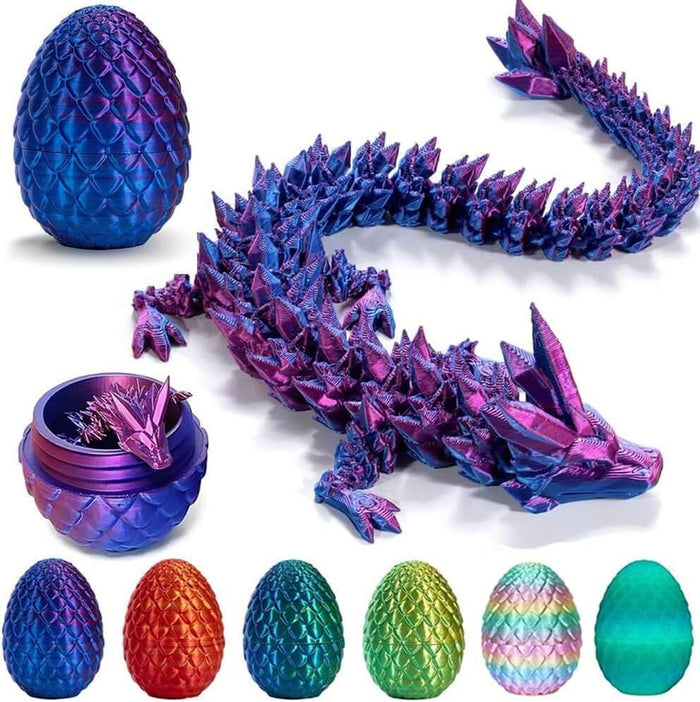 Large iridescent purple and blue 3D printed dragon with matching scaly egg and a row of six multi-colored eggs.