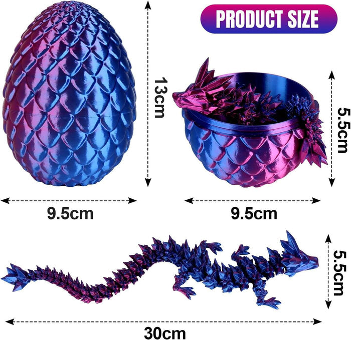 Iridescent blue and purple 3D printed dragon egg and matching articulated dragon shown with size dimensions.